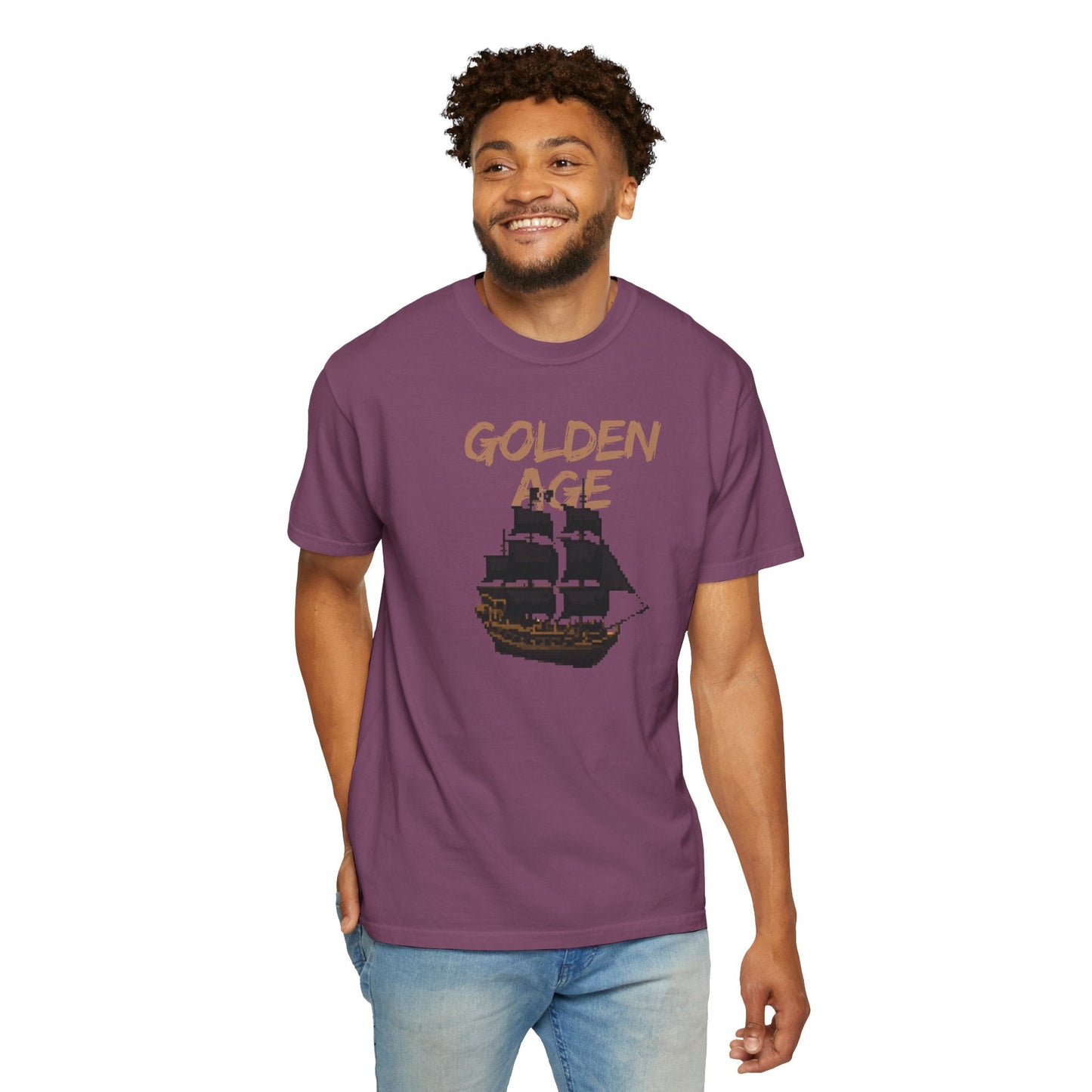 Golden Age Retro Pixel Art Pirate Ship Graphic Tee | Unisex Comfort Colors 1717 Designed By Aprasi