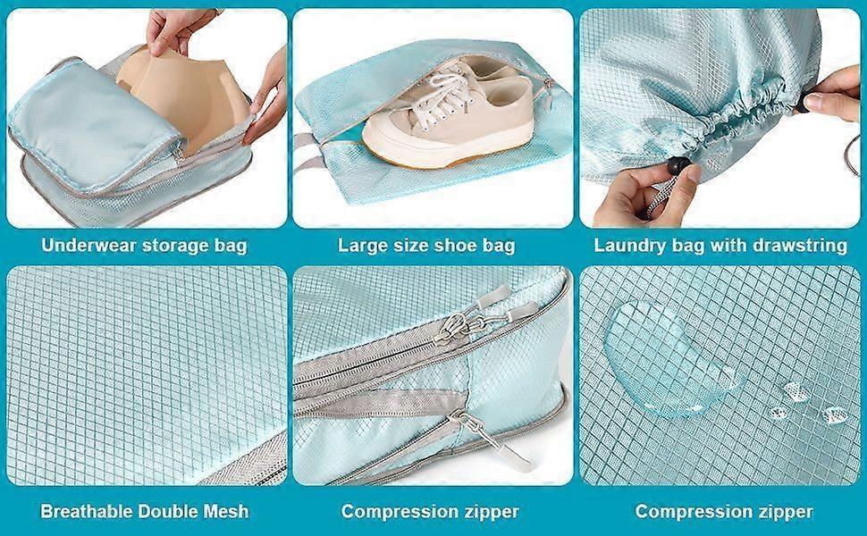 Packing cube set with breathable mesh, compression zippers, and drawstring laundry bag