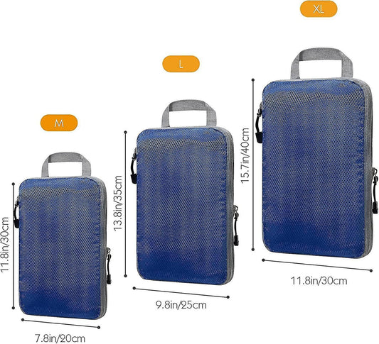 Blue packing cube set with labeled sizes M, L, XL and size dimensions