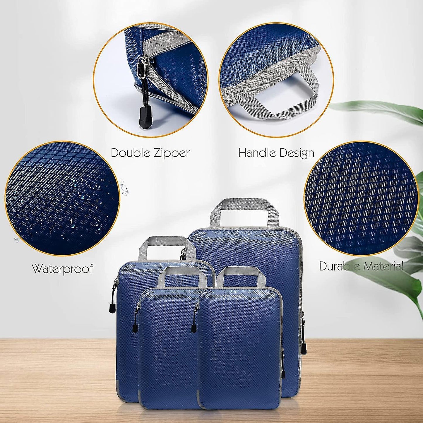 Blue compression packing cubes with gray handles and double-zip design