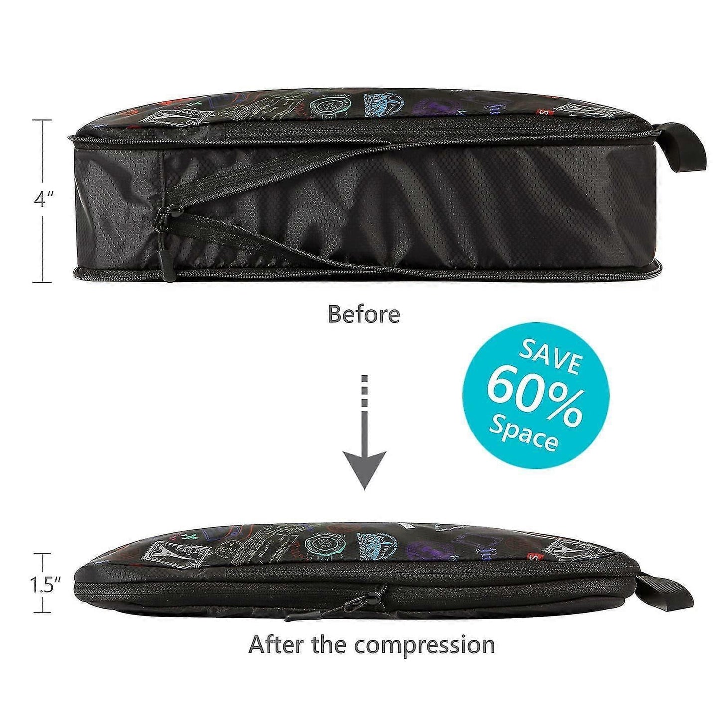 Compression packing cube with zipper, shown before and after compression.