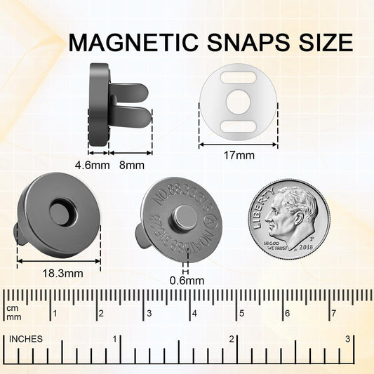 Magnetic snap fastener pair with matching base plate and dimension diagram