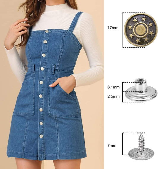 Blue denim bib overall dress with bronze button front and shoulder strap fasteners