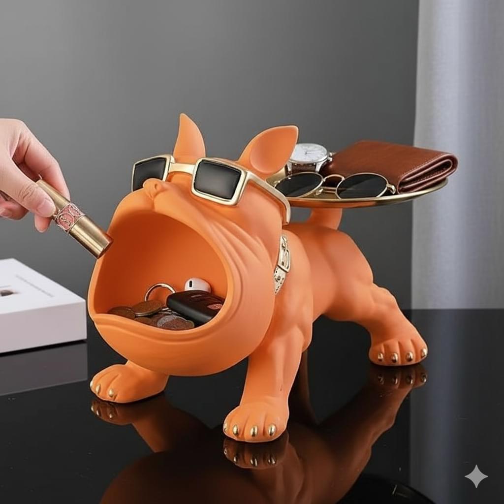Orange French bulldog resin storage tray with open-mouth dish for keys and small items