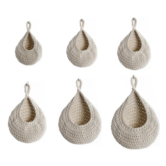 Assorted cotton rope woven wall hanging baskets, teardrop openings with hanging loops