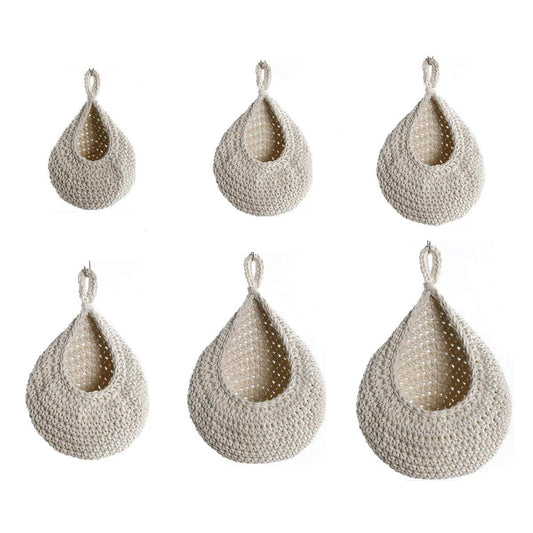 Assorted cotton rope woven wall hanging baskets, teardrop openings with hanging loops