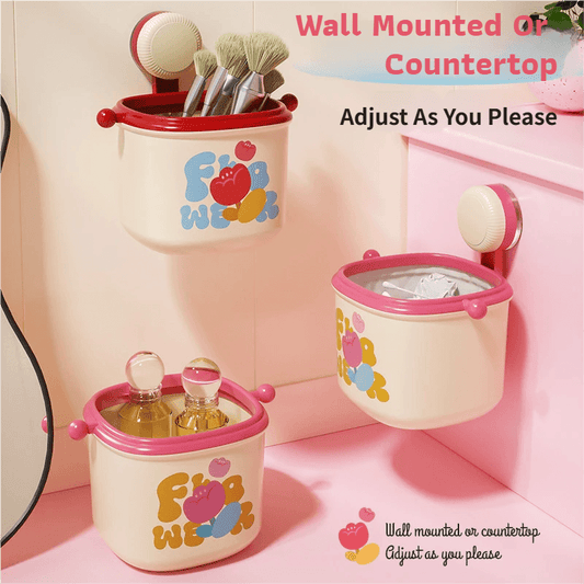 Cream and red suction trash bin with wide red lid and floral paw print