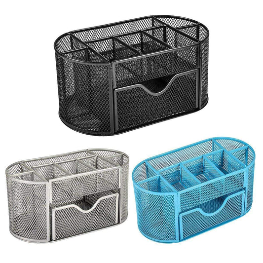 Black metal mesh desk organizer bin with divided compartments and front drawer handles