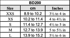 BD200 size chart with cm and inch ranges for XXS to L