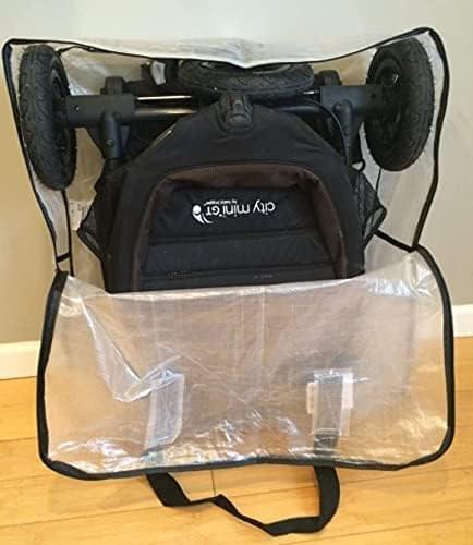 Clear storage bag open with black trim and handles, with a pouch inside