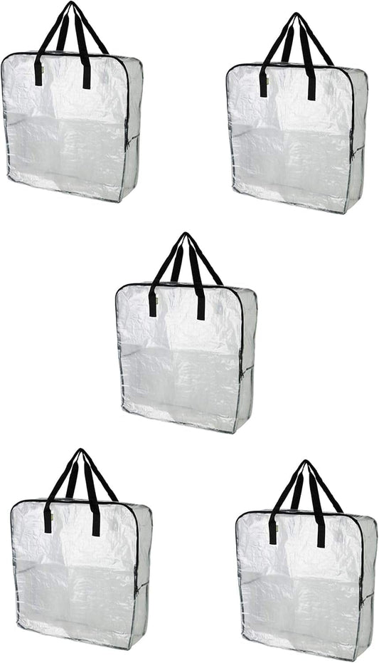 Clear storage bag with black carry handles, reinforced seams, open top