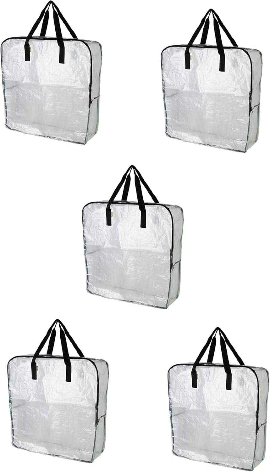 Clear heavy-duty storage bag with black double handles and roomy rectangular shape