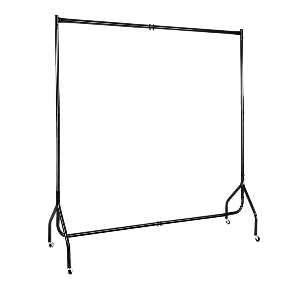 Black metal clothes rack frame with top rail, bottom bar, and wheeled legs