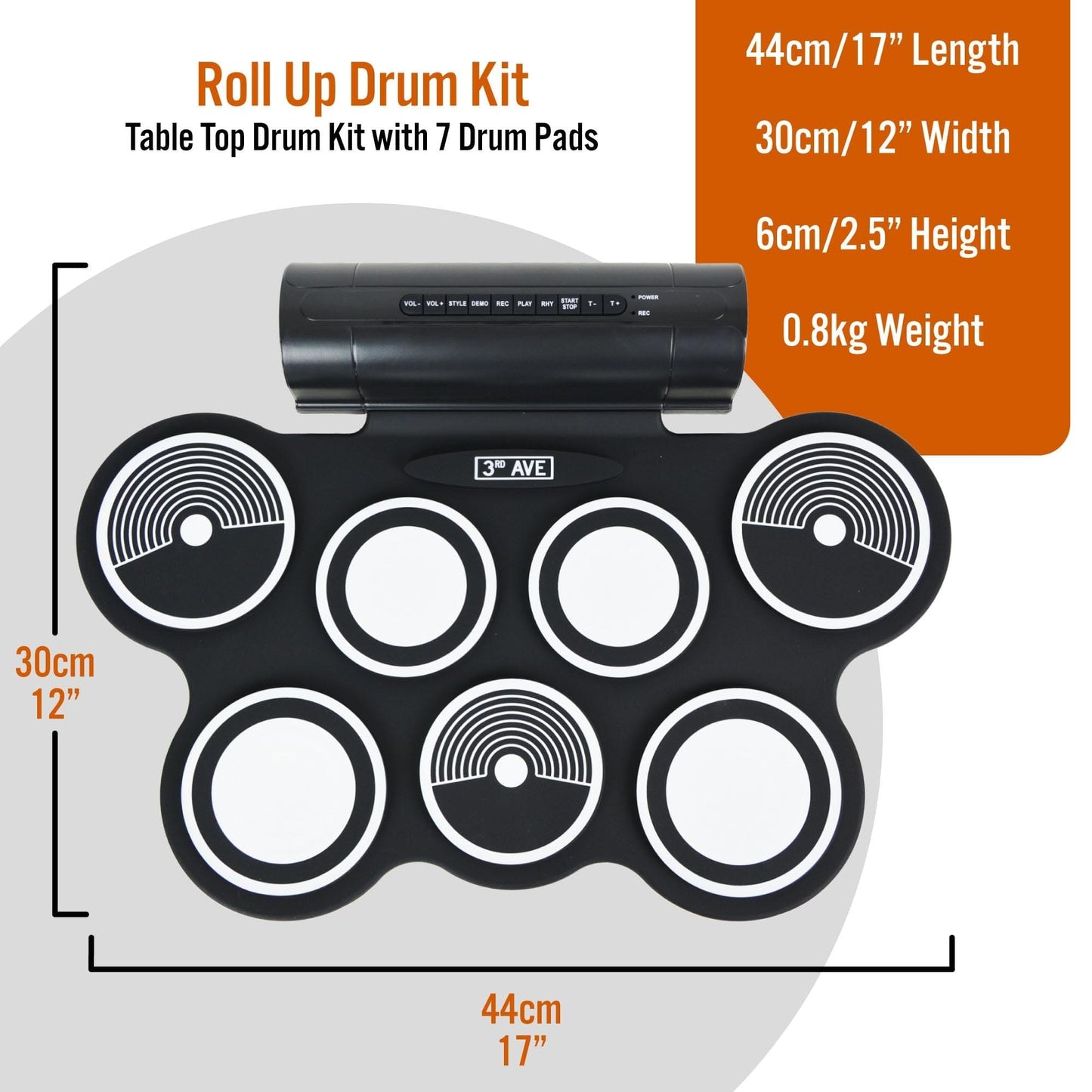 Black roll-up table top drum kit with speaker module and circular drum pads