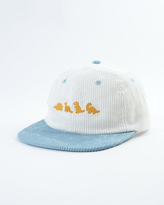 Dino Nuggies mini lid, white ribbed top with blue brim and yellow dino logo