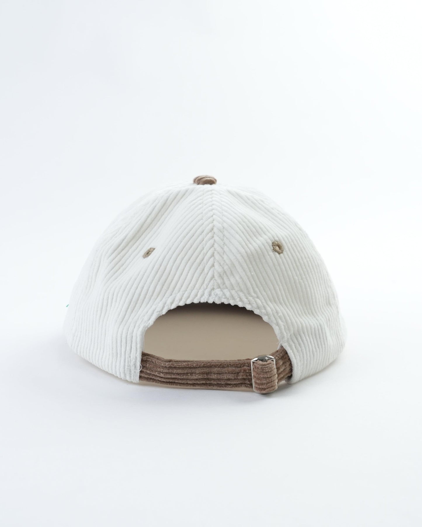 White pinstripe cap with brown corduroy back strap