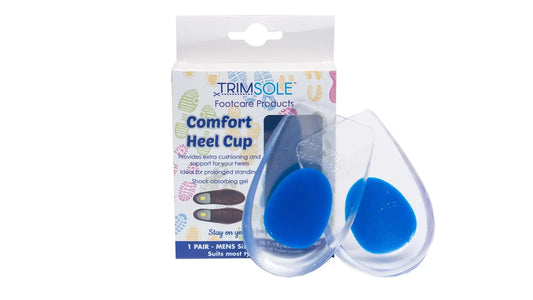 Men’s blue comfort heel cups with clear backing, retail package view