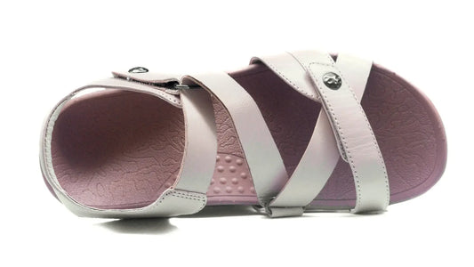 Nude orthotic sandals side view with open toe, two straps, and cushioned footbed