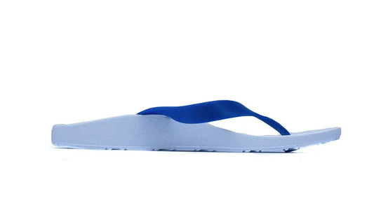 Kids orthotic thongs with white sole and light blue upper strap