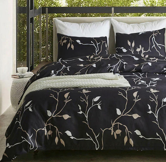 Black branch-pattern duvet cover set with matching pillows