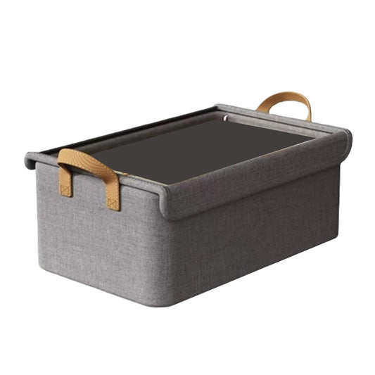 Gray fabric storage cube with lid and tan stitched carry handles
