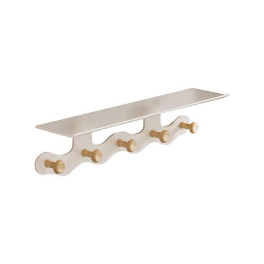 White coat rack shelf with curved hook bar and multiple light wood pegs