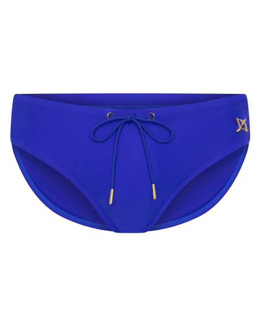 Klein blue swim brief with front drawstring and small side logo