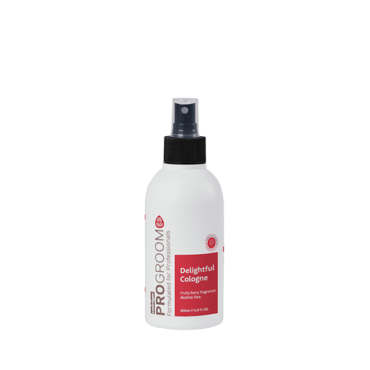 ProGroom cologne spray bottle, Delightful scent, 250 ml, white bottle with dark mist cap.