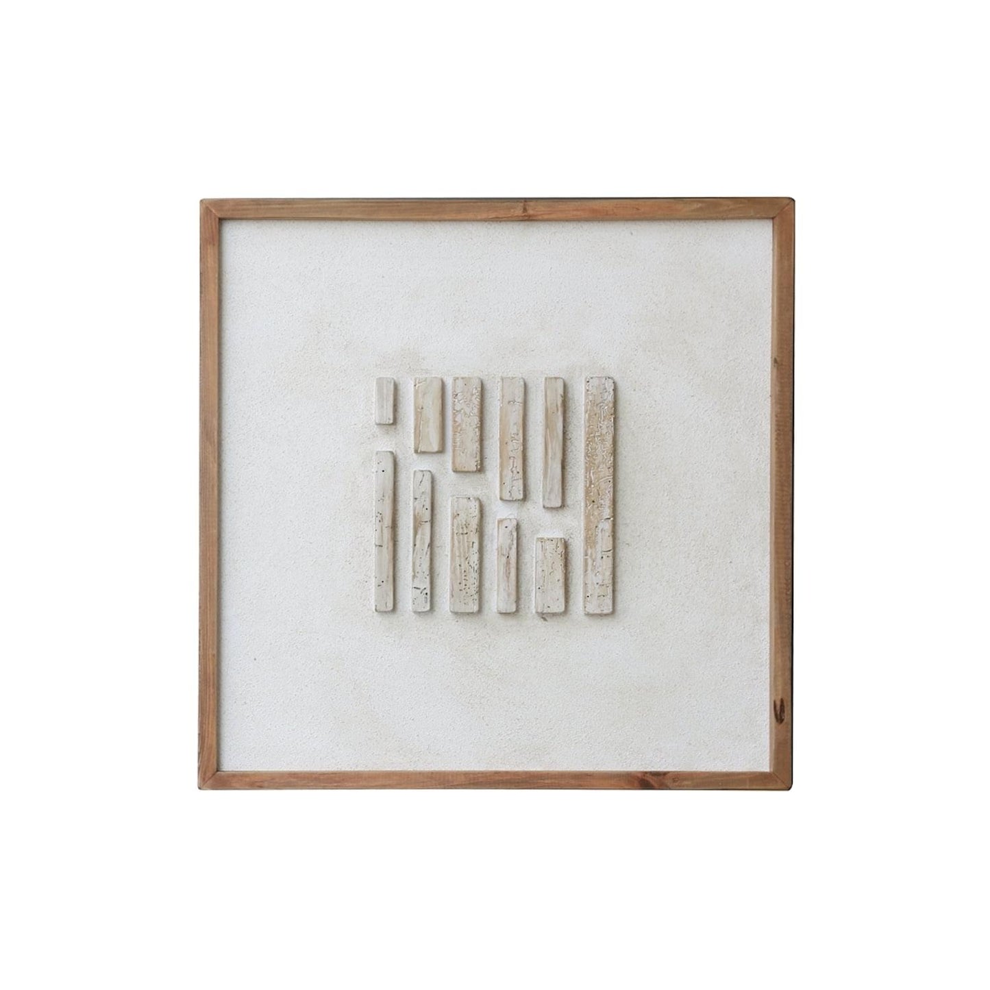 Framed square wall art with white raised vertical bars on textured beige canvas.