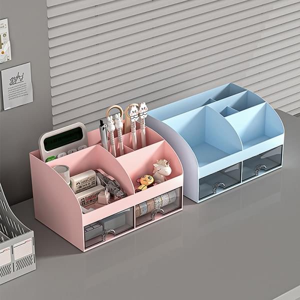 Desktop desk organizer box, blue and pink with cubbies and pen holder