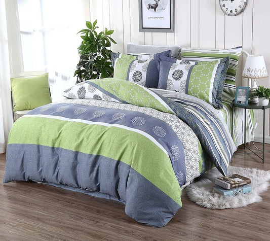 Duvet quilt cover set featuring green and blue geometric circle and stripe design