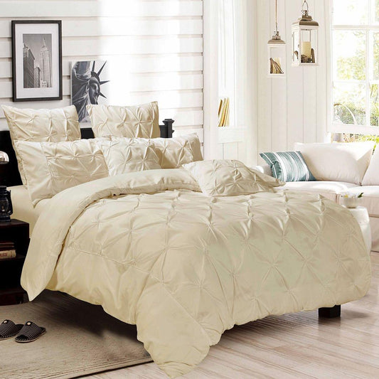 Queen size quilt and duvet cover set with beige diamond pintuck bedding and multiple shams