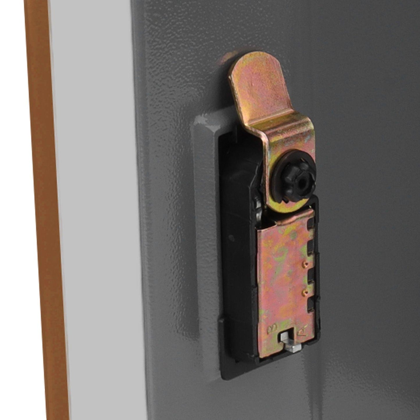 Book safe lock mechanism with black keypad and brass latch on grey cover