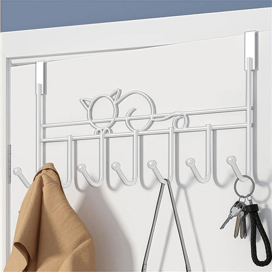 White door hook hanger rack with cat-shaped top and several hanging hooks