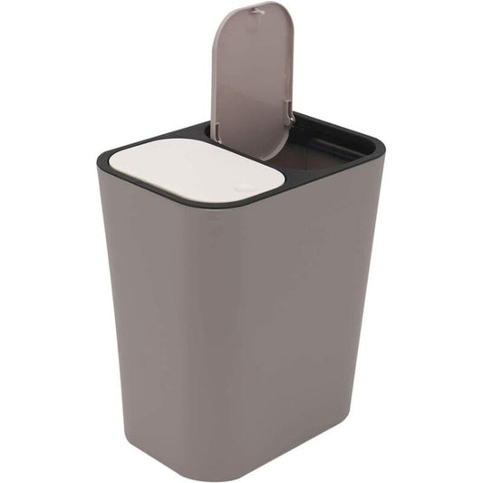 Gray dual-compartment recycling bin with one open lid and two inner slots