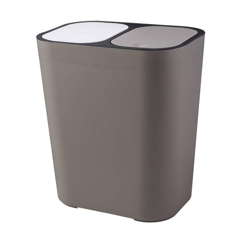 Gray dual-compartment plastic recycling trash bin with two closed round lids