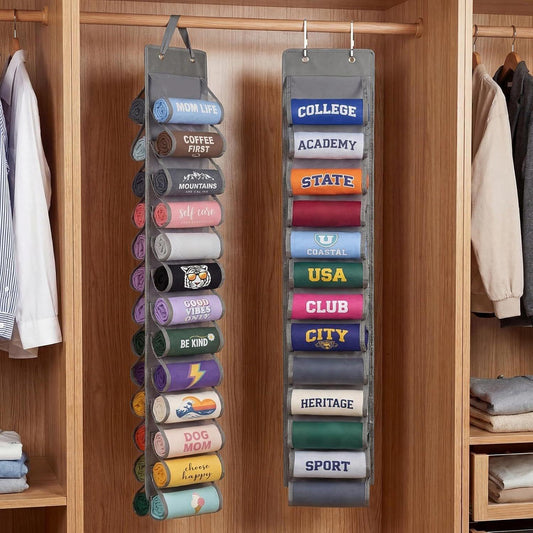 Grey over-door closet organizer with multiple vertical pockets for folded accessories