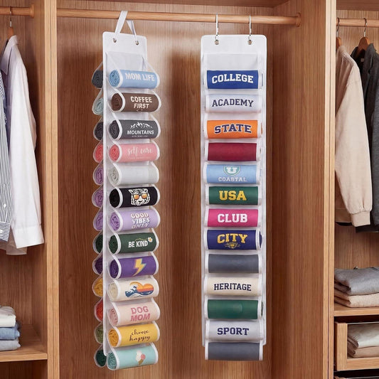 White vertical pocket organizer hanging inside closet for folded clothes and scarves