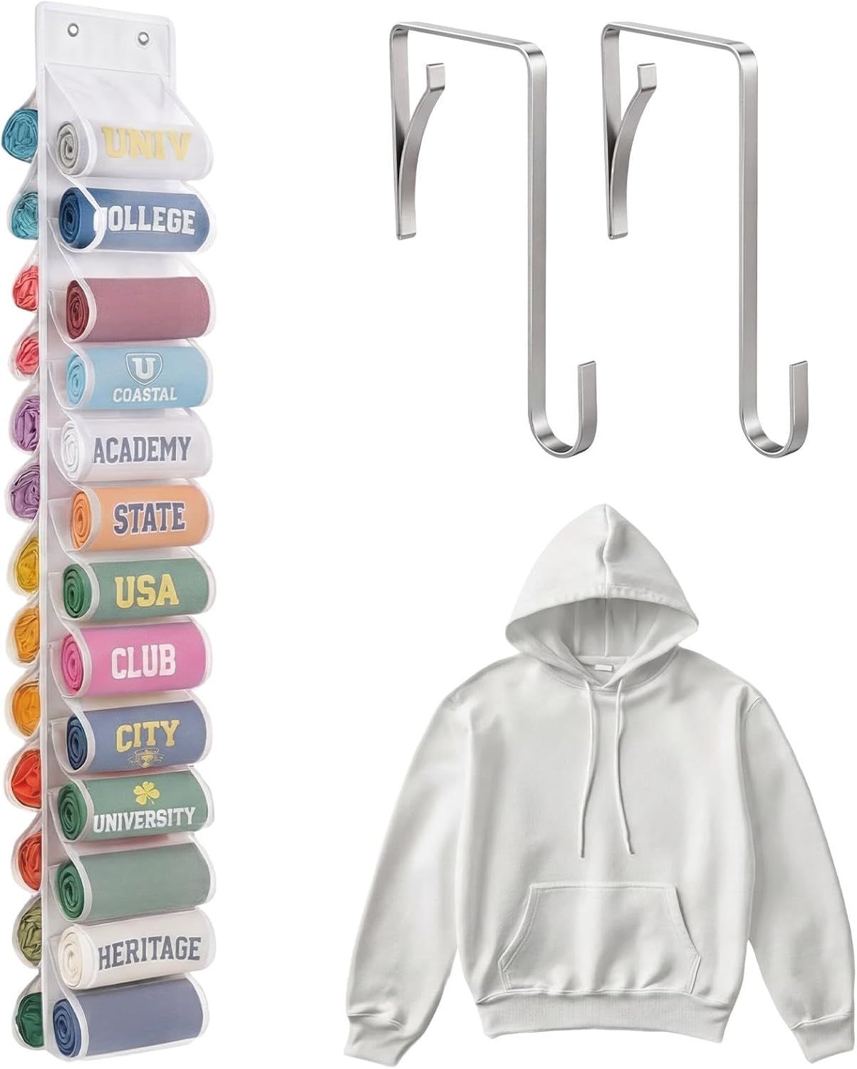 Double-Sided Over Door & Closet Organizer for Yoga Pants, Scarves & Accessories in Dorms and Bedrooms, 26-Pocket Vertical Storage Rack (White)