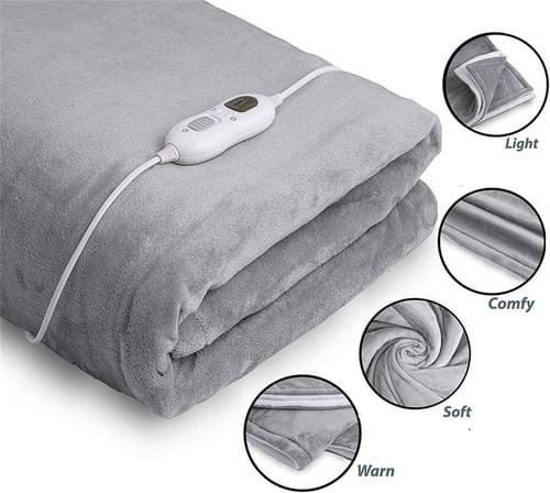 Gray flannel heated throw blanket with controller and attached power cord