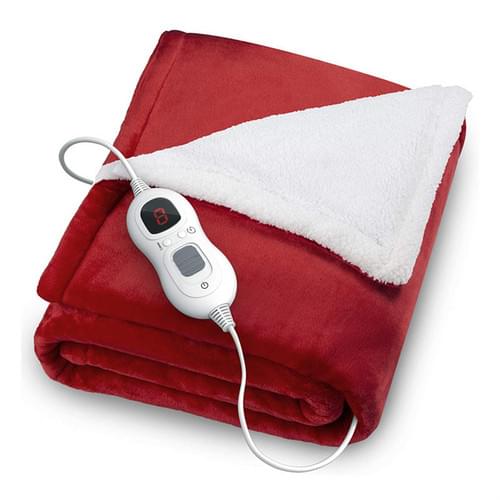 Red flannel heated electric throw blanket with controller and cord, folded