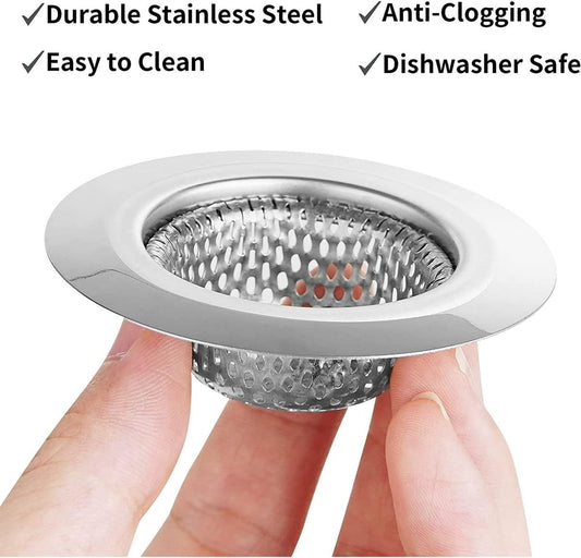 Stainless steel drain filter insert with mesh screen, held up by two hands