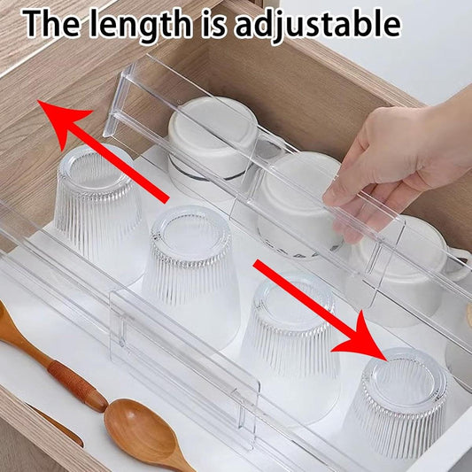 Clear plastic adjustable drawer organizer divider with removable sections and utensil cups