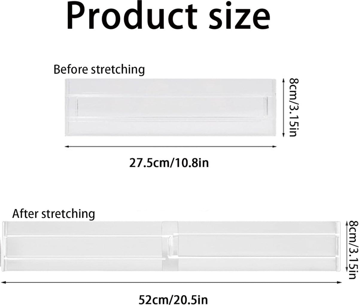 Plastic drawer divider size diagram, showing before and after stretching dimensions