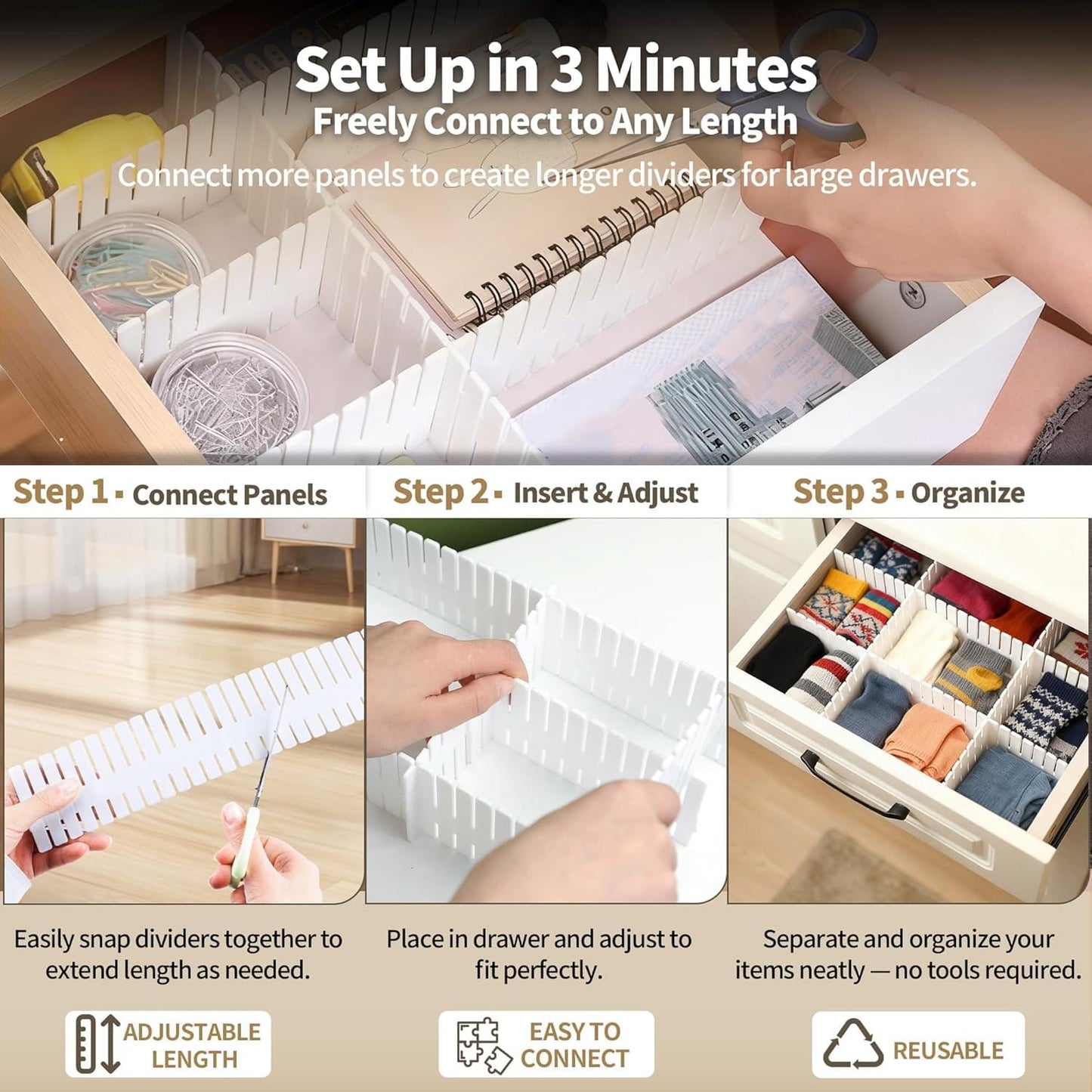 Adjustable drawer divider panels with snap-connect ends shown during setup