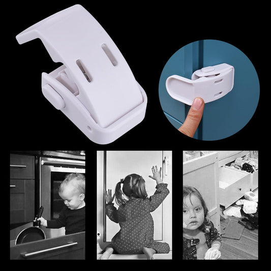 White childproof drawer lock opened view with mounting tabs