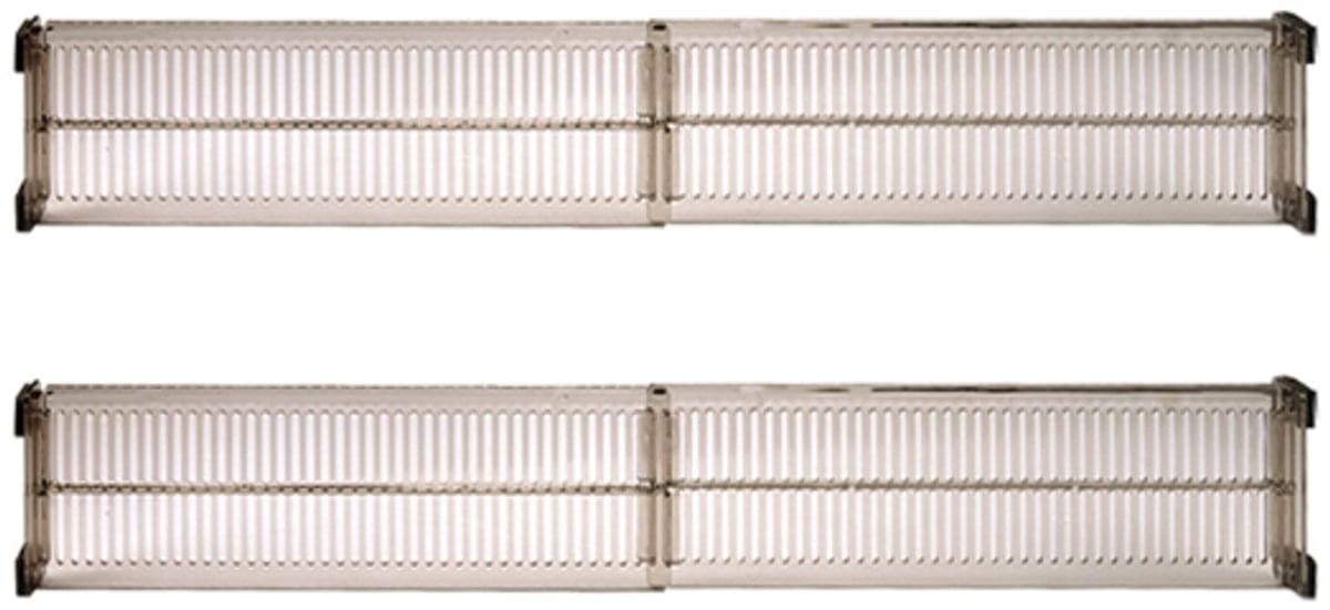 Two clear black plastic drawer divider rails with adjustable slat edges
