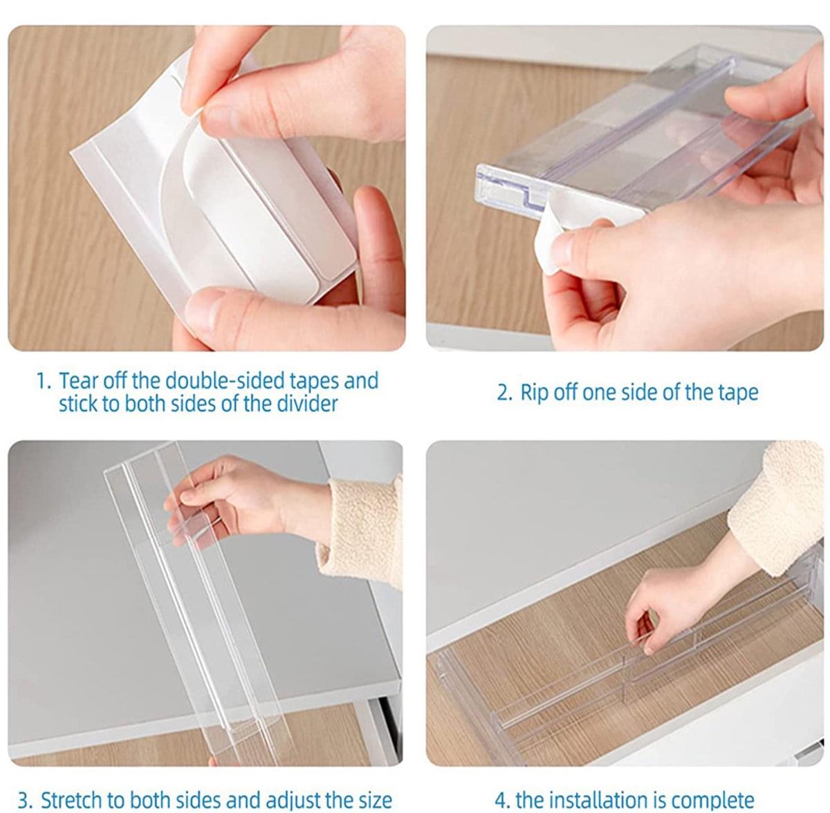 Transparent drawer divider installation with double-sided tape on the divider ends