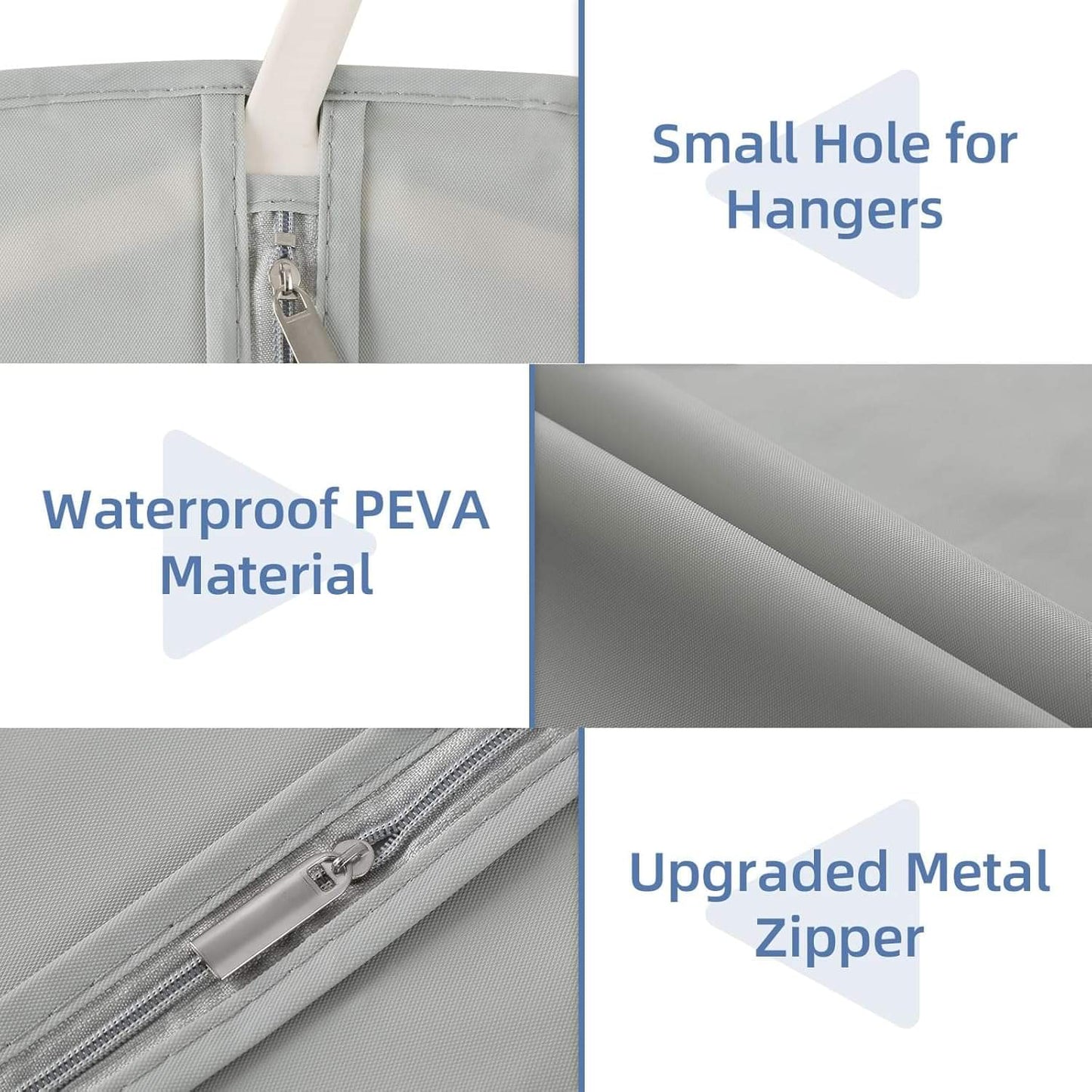 Grey garment bag fabric with metal zipper and small hanger holes