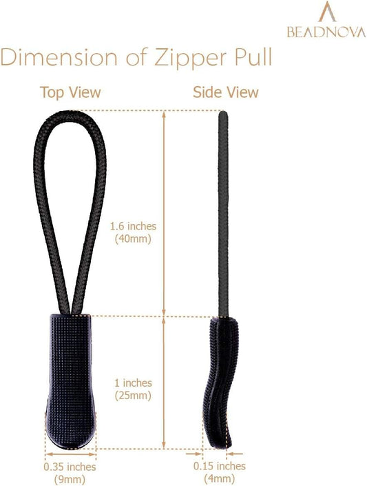 Black zipper pull cord tab with fabric end, top and side view